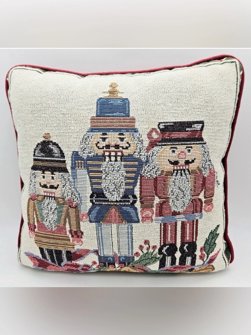 Vintage Christmas Nutcracker Tapestry Throw Pillow Trio Burgundy Piping 12x12